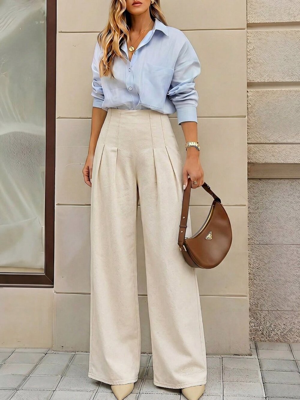 Beige Casual Women's Pleated Design Wide Leg Loose Denim Jeans